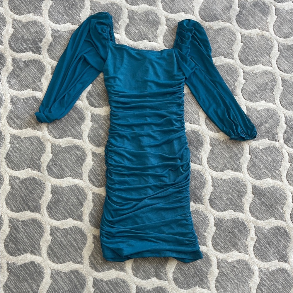 City Studio Teal Ruched Square-Neck Mini Dress with Puff Sleeves